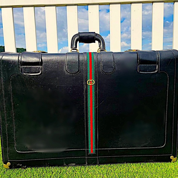Authentic Vintage Gucci Rare AF Black Leather Web Giant Trunk w/ Wheels - Picture 2 of 8